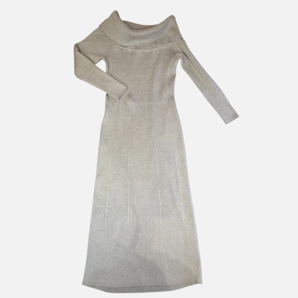 Abercrombie Ribbed Knit Maxi Dress XLP Tan Off Shoulder Quiet Luxury Sweater